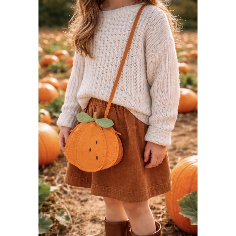 Handmade Kids Genuine Leather Pumpkin Crossbody Purse‎ Orange Fall Bag